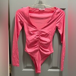 ZARA Ruched Long Sleeve Bodysuit Women's Size Small Pink Racy Street Edgy Party